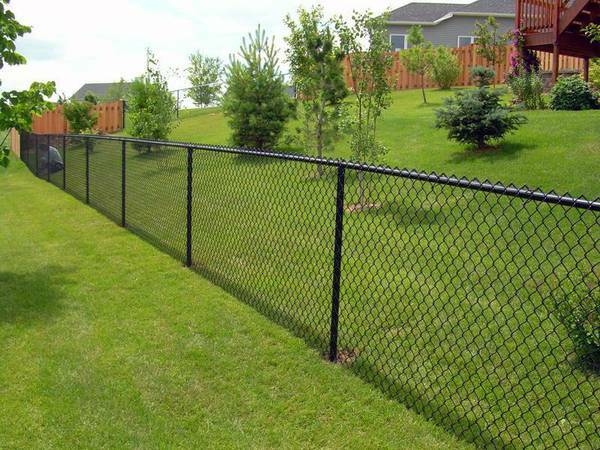 Sturdy chain-link fence bordering a lush green lawn, providing a secure and open view for a residential property, embodying practicality and safety